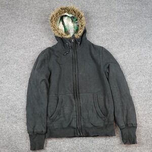 Vintage American Eagle Fur Lined Hoodie Womens Medium Black Fleece Sweatshirt